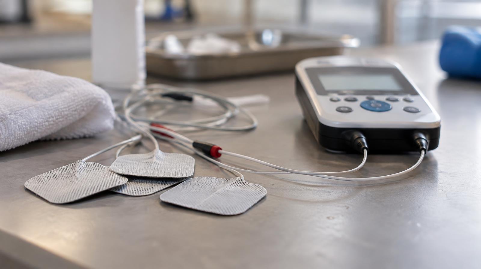 Medical electrodes and thin wires arranged beside a small electronic stimulation device.