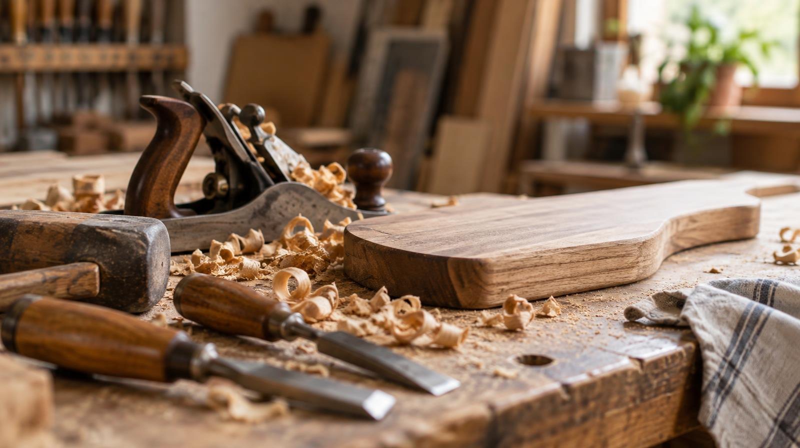 Wooden workbench with hand tools and wood shavings in warm workshop light.