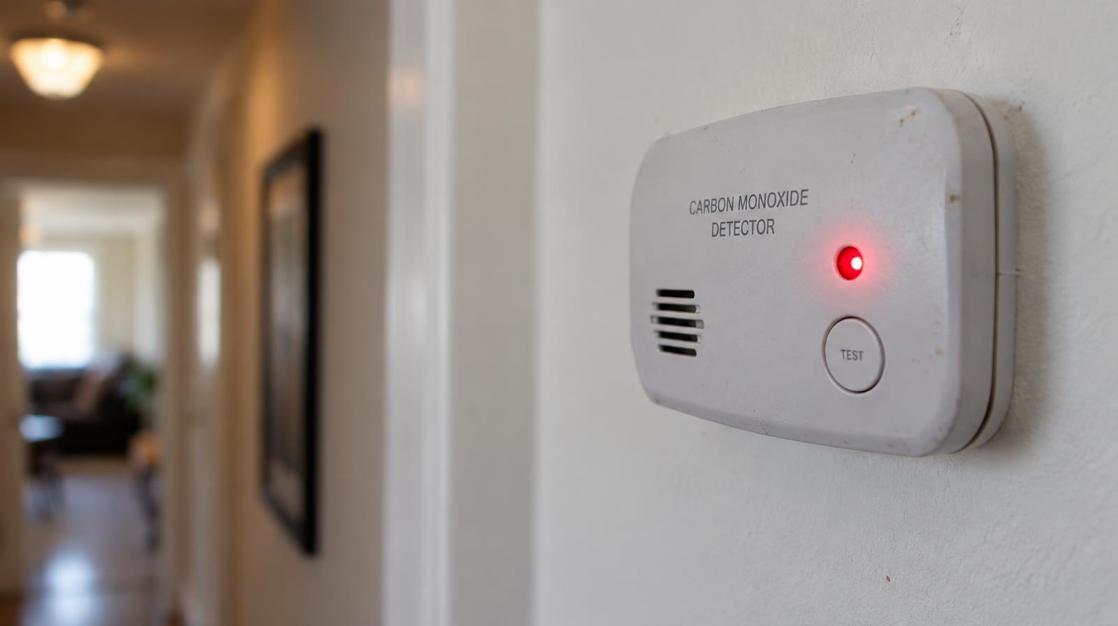 A carbon monoxide detector mounted on a white wall with its red warning light on.