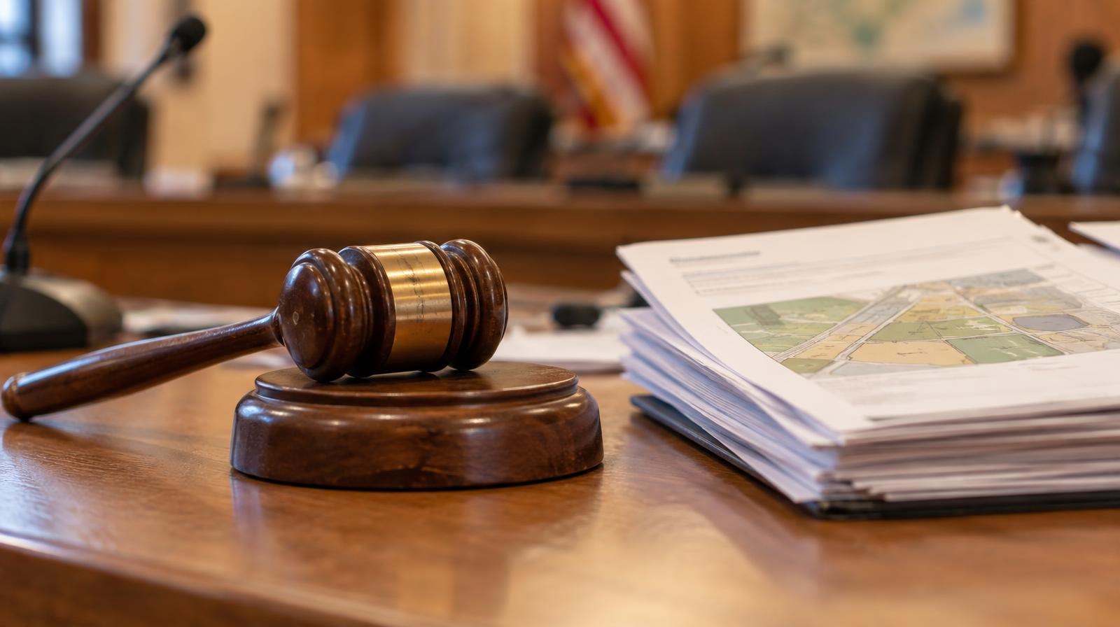 Wooden gavel resting on its sound block beside stacked documents on a table.