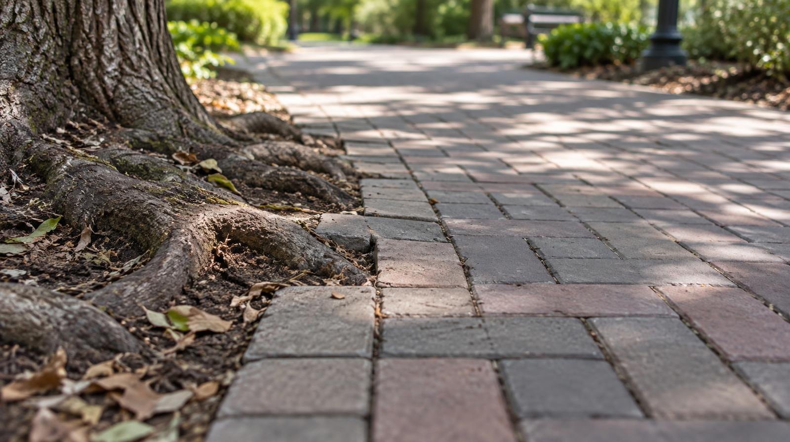 Interlocking paving tiles forming a pedestrian path with tree roots at the edges.