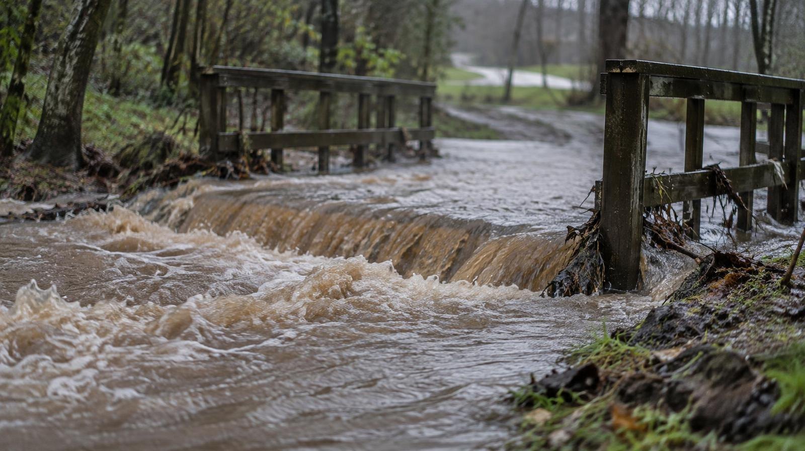 Swollen creek overflowing its banks with muddy brown water rushing over a footbridge.