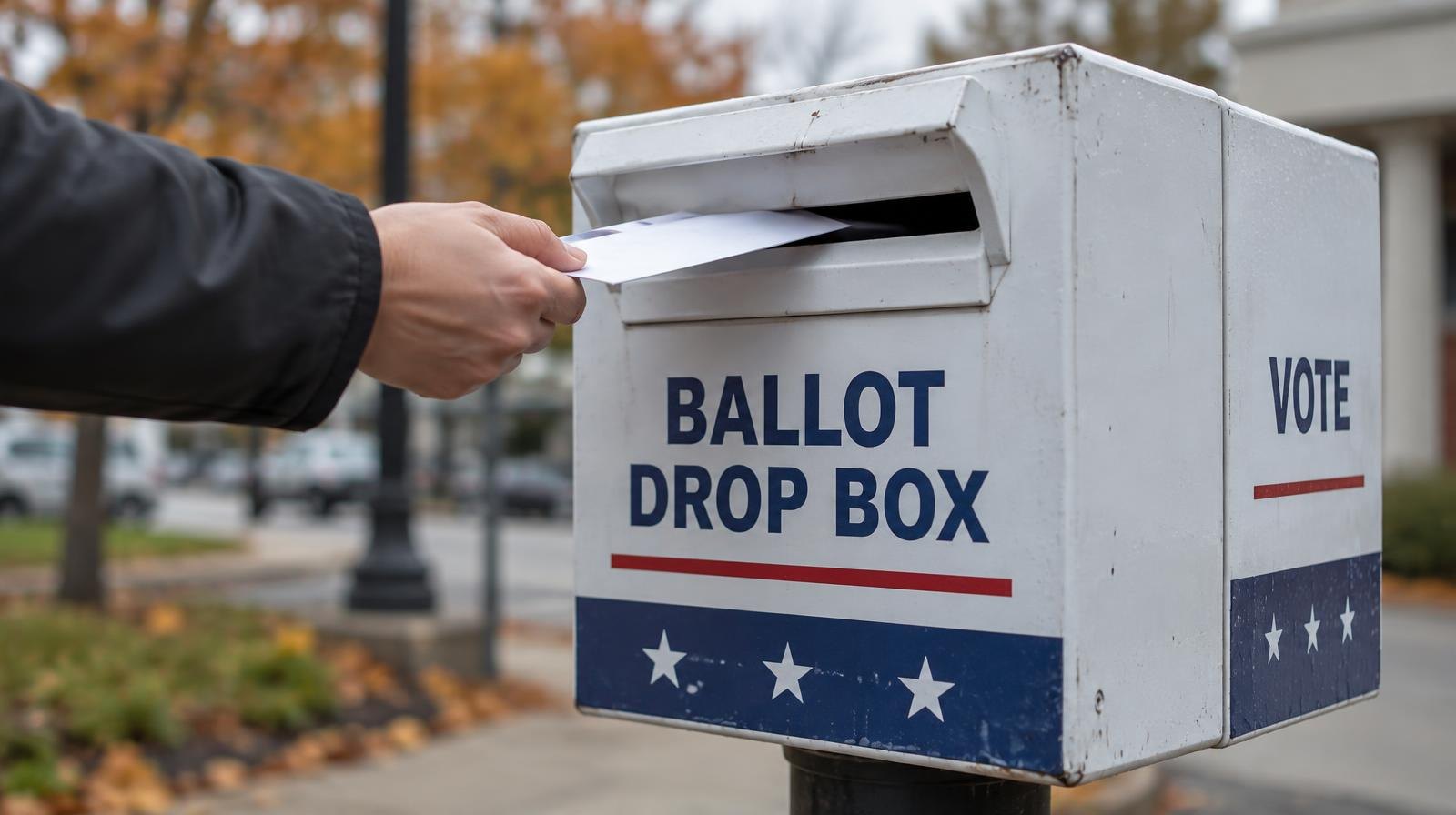 A ballot drop box mounted on a post outdoors with a slot for inserting ballots.