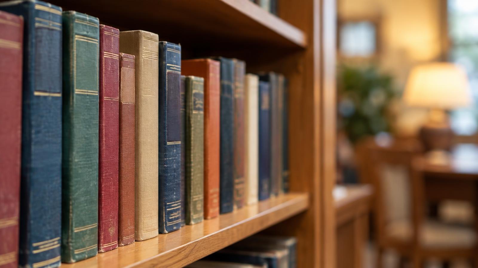 Row of colorful hardcover books standing on a wooden library shelf.
