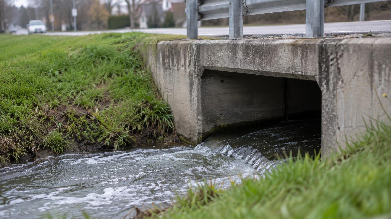 Concrete stormwater culvert beneath a road with water flowing into a grassy drainage channel.