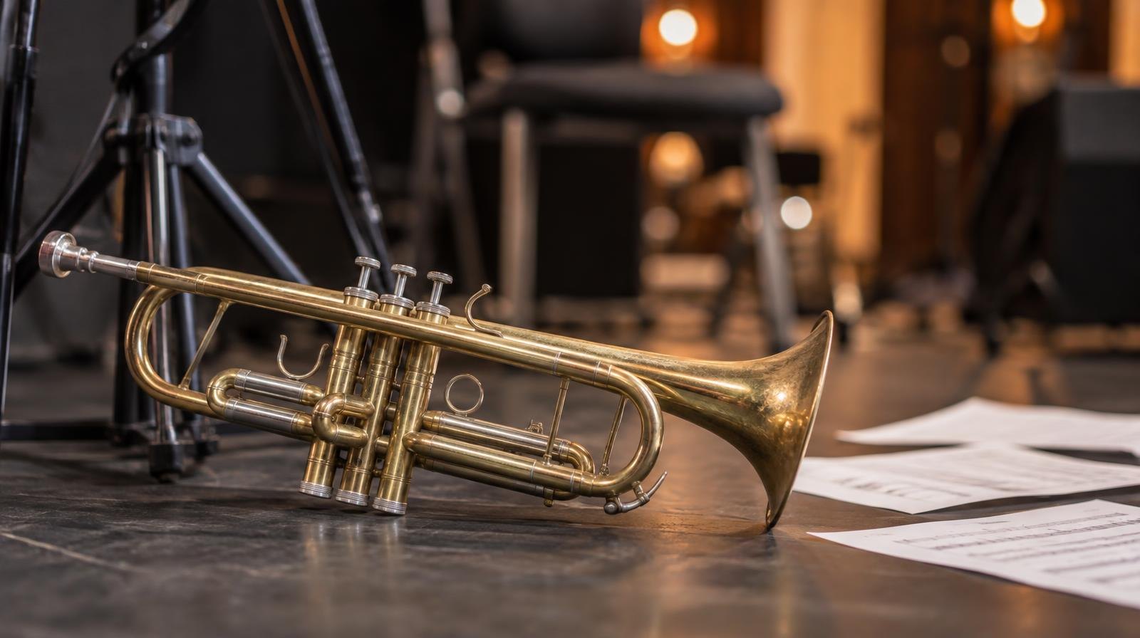 A gleaming brass trumpet resting beside a folded music stand.