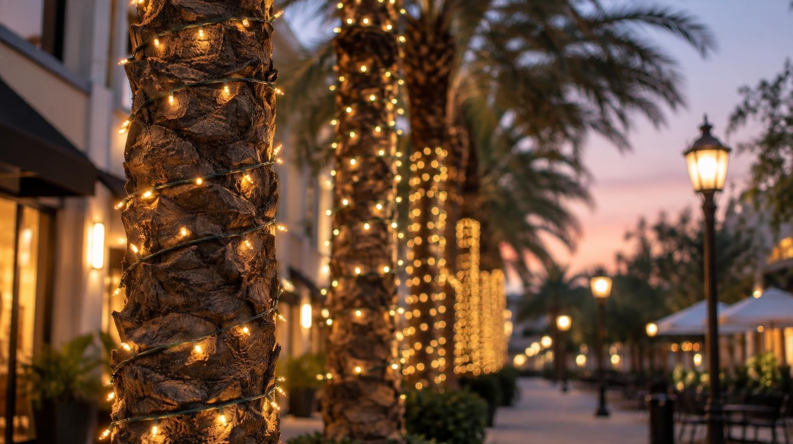 Strings of warm white lights hang from tall palm trees along a pedestrian street at twilight.