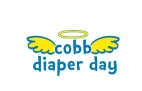 Logo reading 'cobb diaper day' in blue with yellow angel wings and halo.