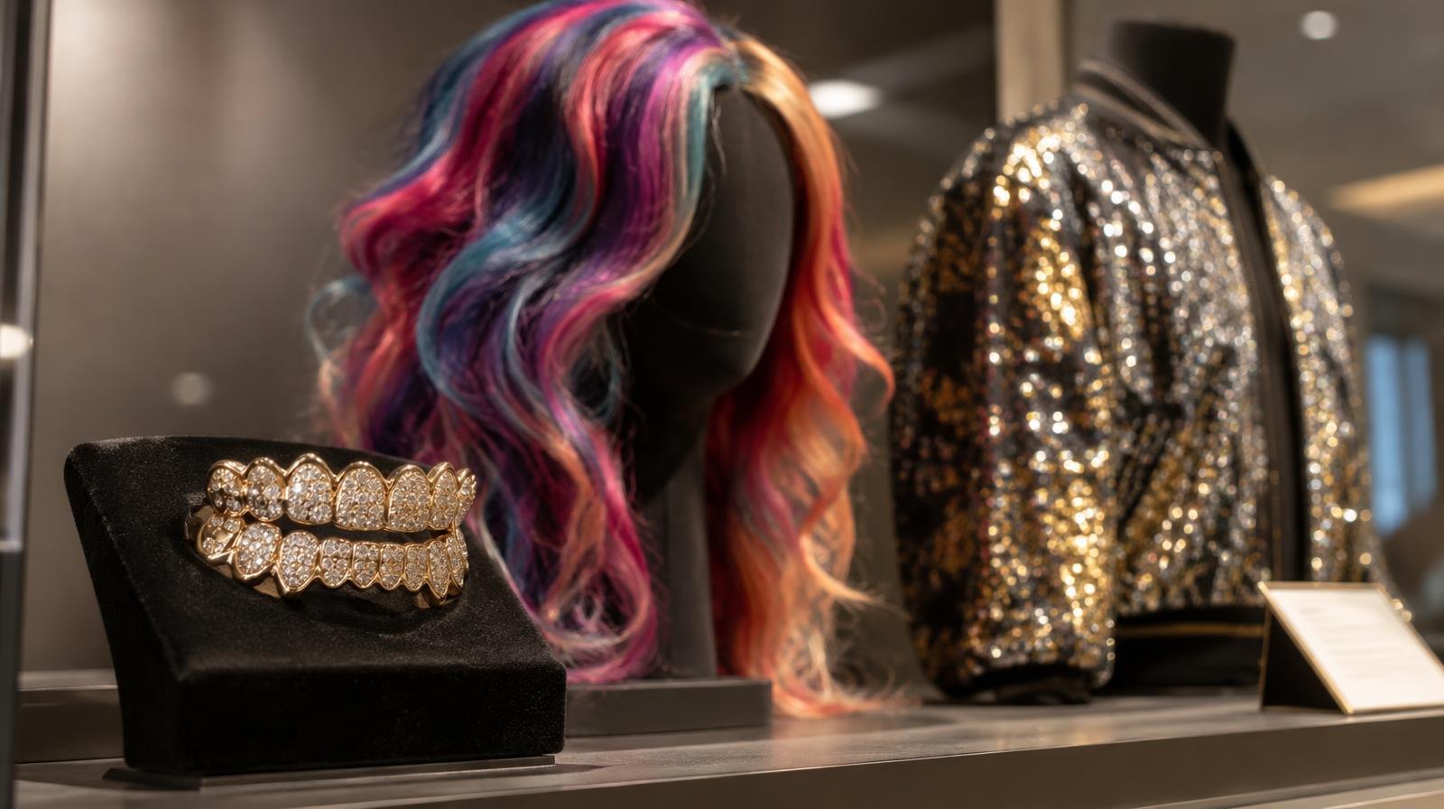 Rhinestone grillz, a colorful wig, and a sequined jacket on a display surface.