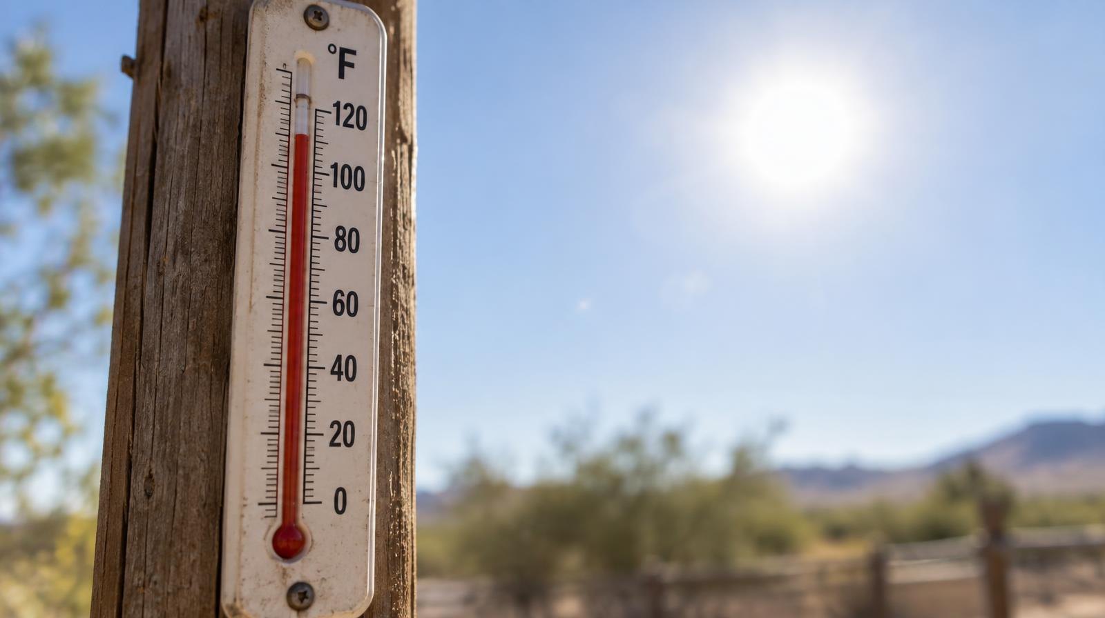 Outdoor thermometer on a wooden post showing a very high temperature in bright sunlight.