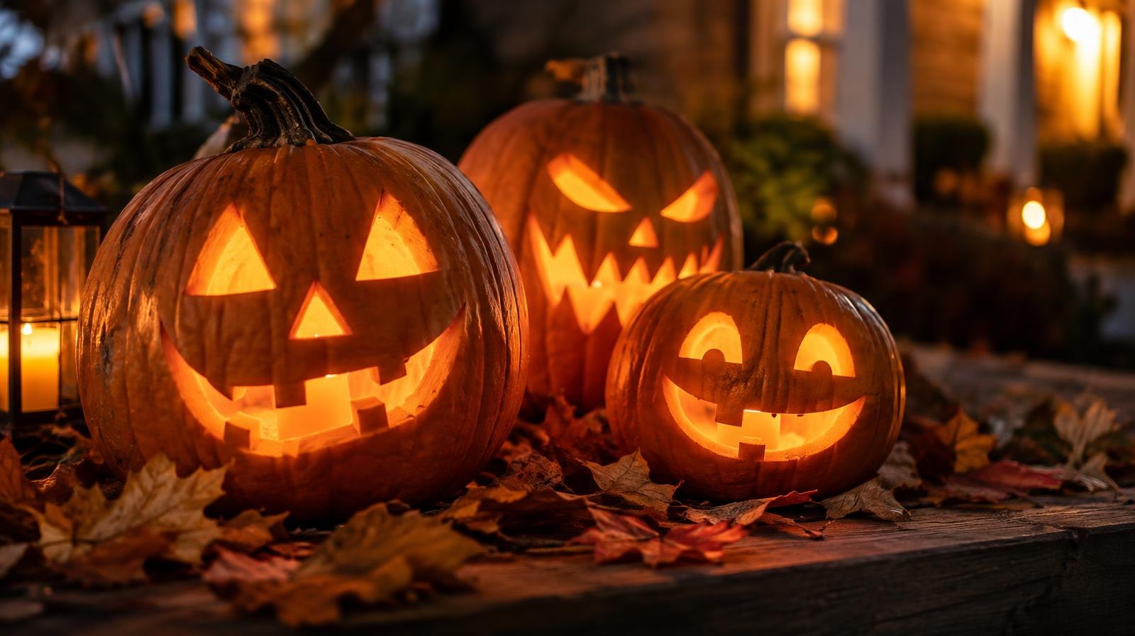 Carved jack-o'-lanterns glowing orange in the dark surrounded by autumn leaves.