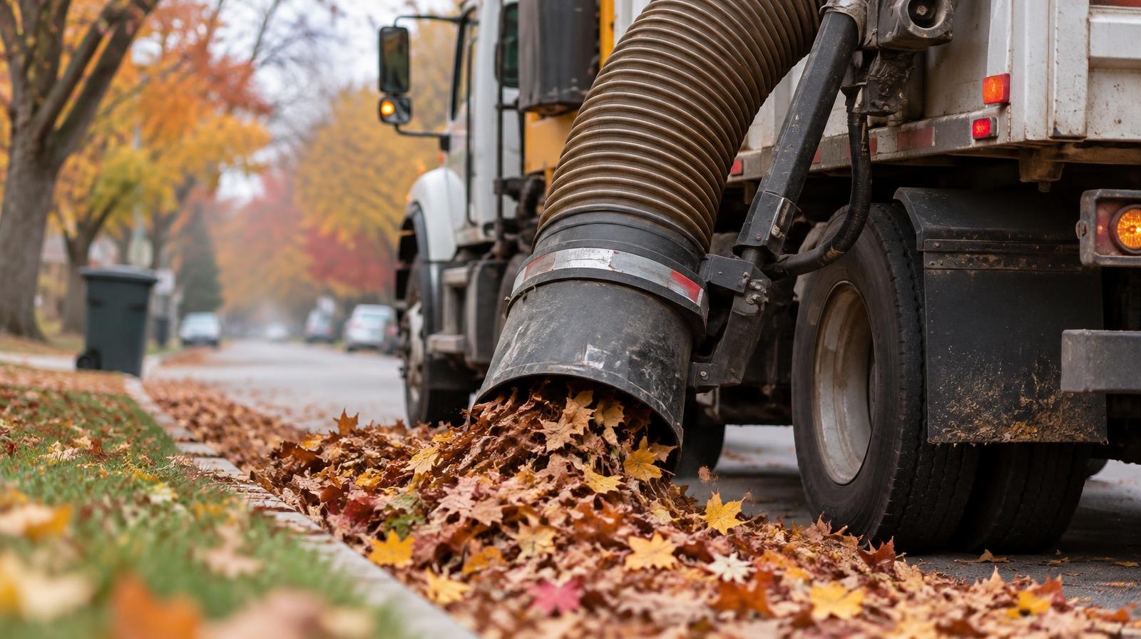 Large municipal truck with suction hose vacuuming a pile of autumn leaves at a curb.