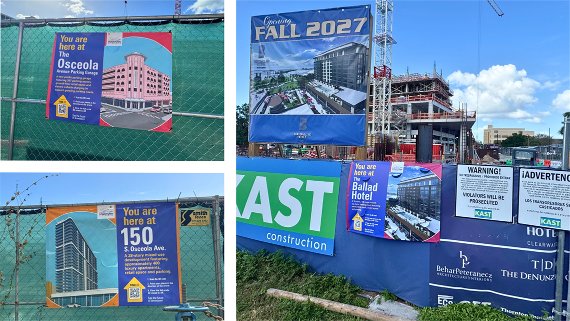 Four-panel collage of green construction fencing with project banners and cranes in the background.