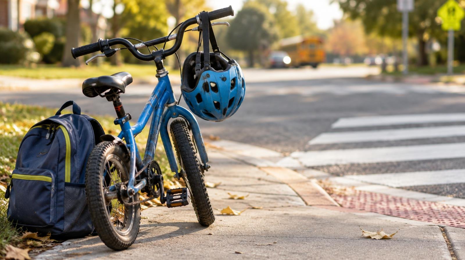 A child's bicycle with a helmet on the handlebars parked next to a backpack on a sidewalk.