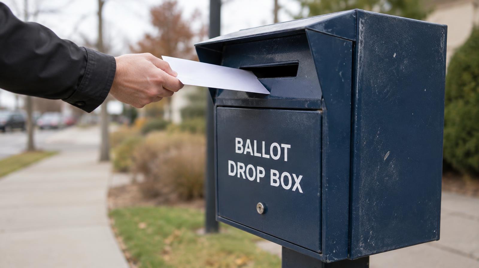 A dark blue metal ballot drop box mounted on a post outdoors.