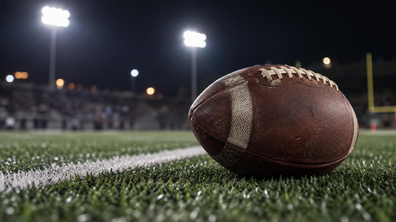 An American football on green turf beside a white yard line under bright stadium lights.