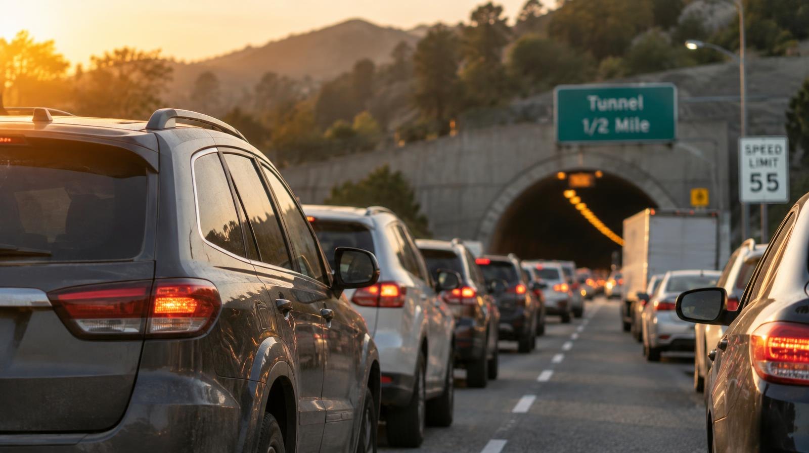 A line of cars in heavy traffic on a multi-lane freeway approaching a tunnel entrance.