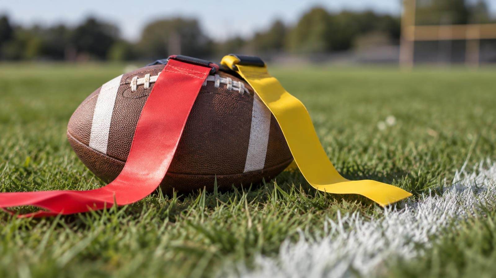 A football with colorful flag belts draped over it resting on green grass near a white yard line.