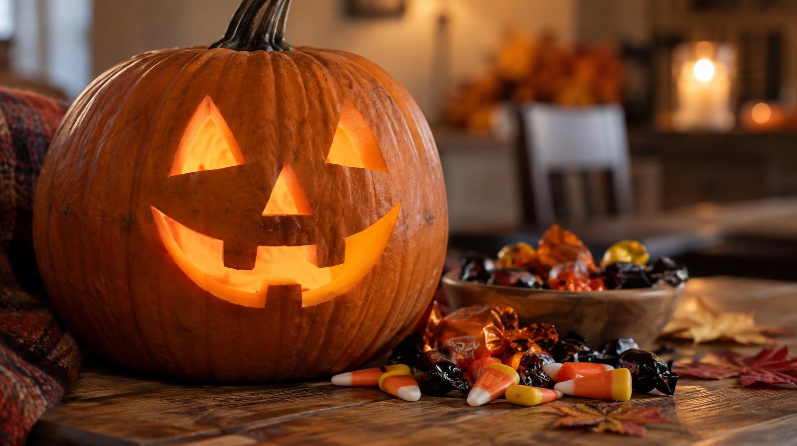 Glowing carved pumpkin beside candy corn and wrapped Halloween candy on a wooden table.