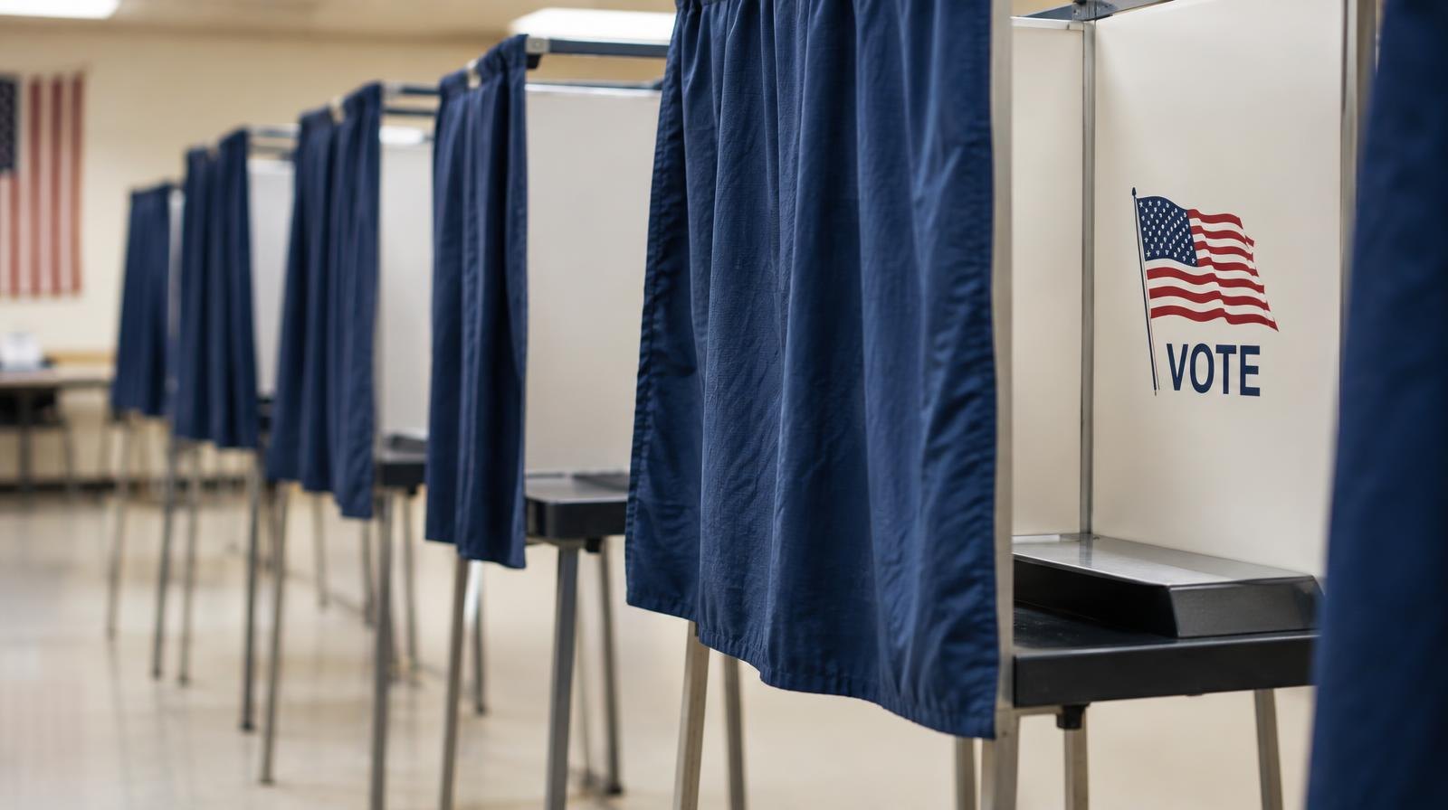 A row of empty voting booths with privacy curtains inside a polling place.