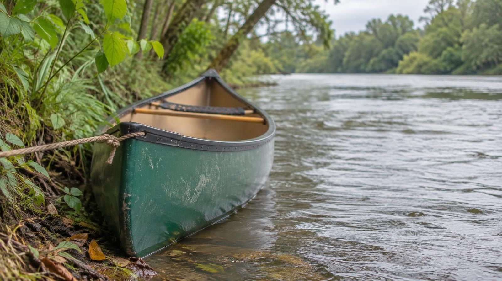 A canoe secured with rope against a lush green riverbank.
