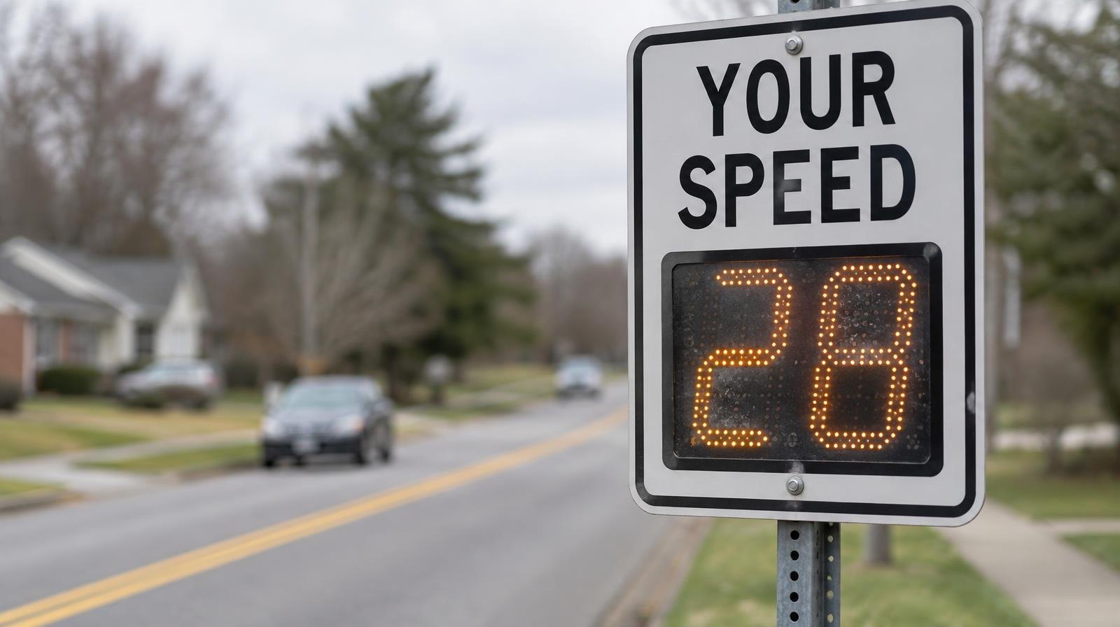 Radar speed feedback sign on a post beside a residential street.