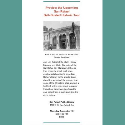 Event flyer with a black-and-white historic photo of a bank building on a city street.