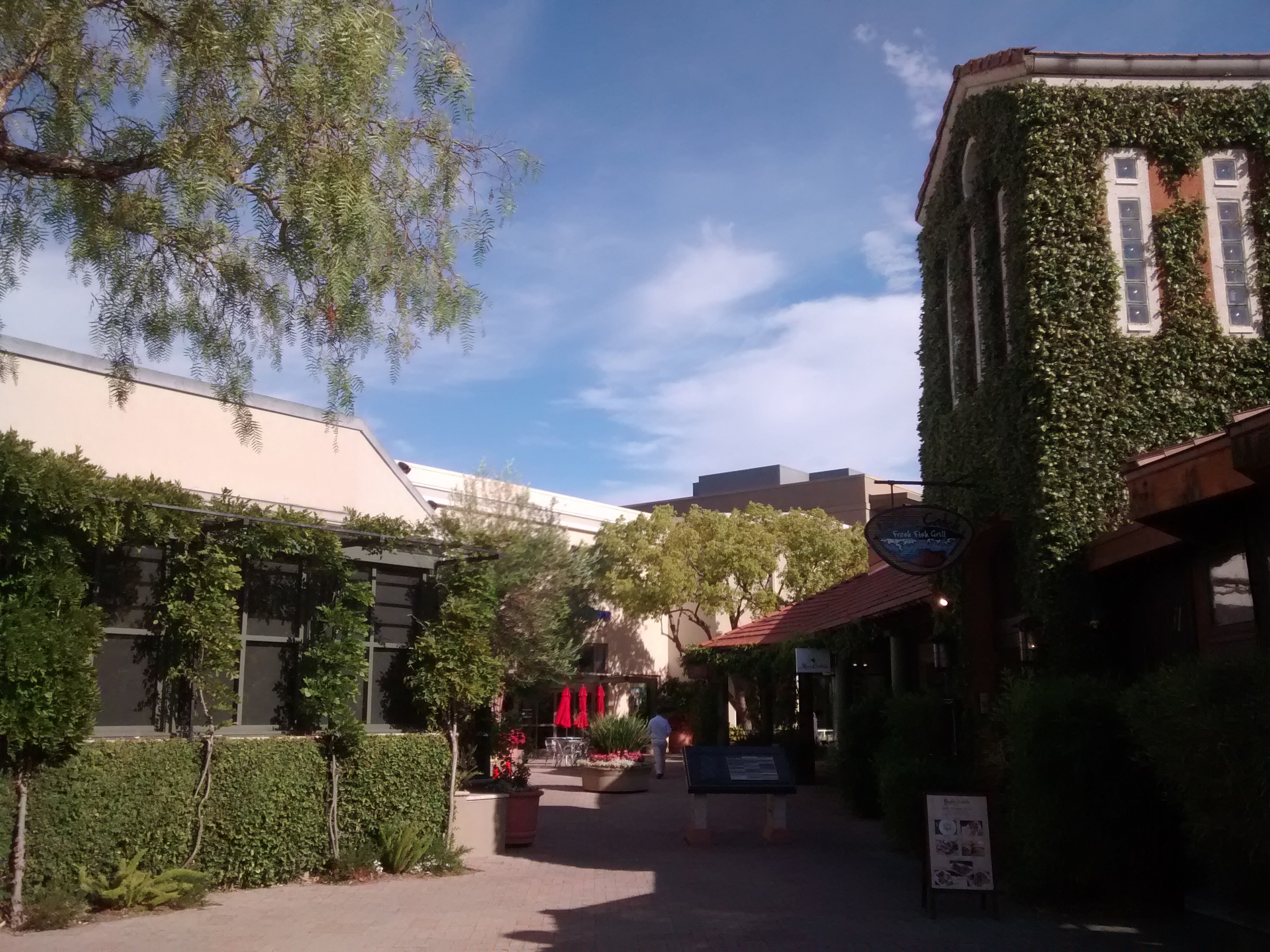 Exterior view of a shopping center with storefronts and a parking lot.