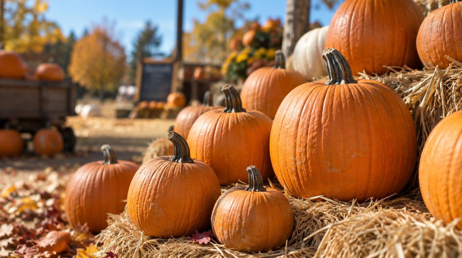 Assorted orange pumpkins arranged on hay bales outdoors in autumn sunlight.