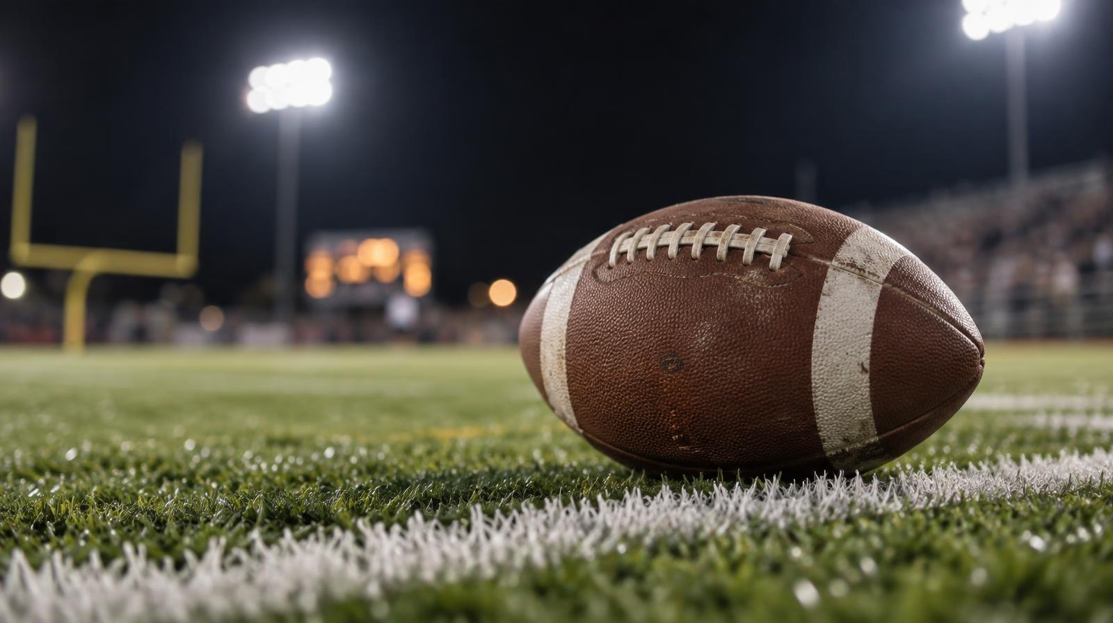 An American football on a grass field beside a white yard line under bright stadium lights at night.