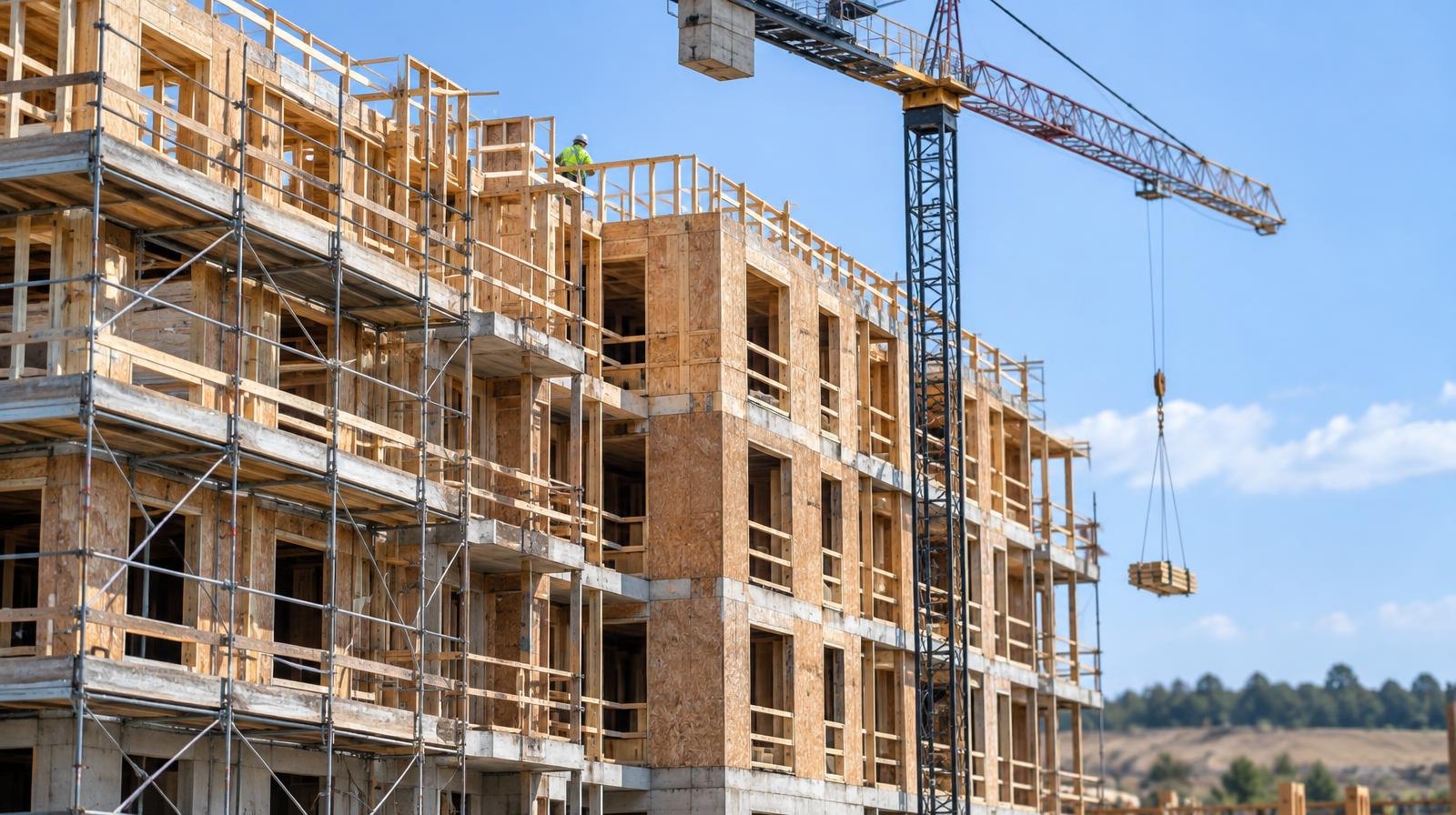 Five-story apartment building under construction with scaffolding and a tower crane against a blue sky.