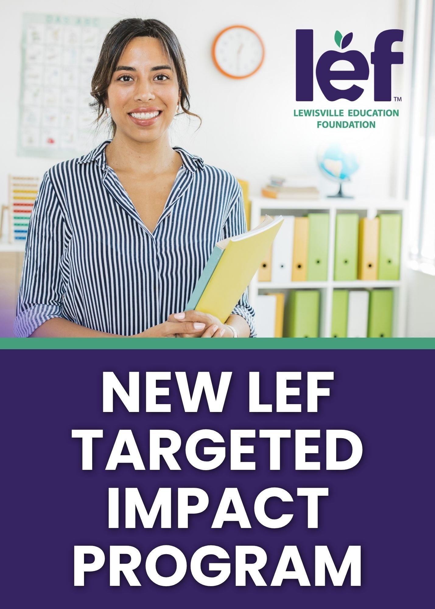 Promotional flyer for a new education foundation program featuring a smiling woman holding a book.