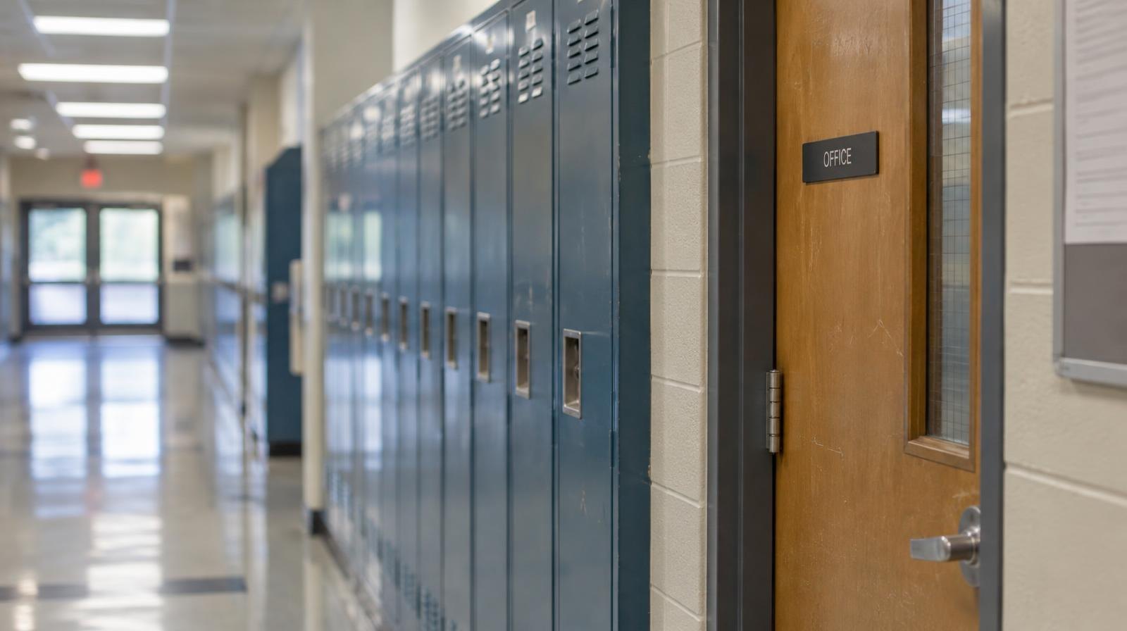 Empty school hallway lined with lockers and a closed office door.