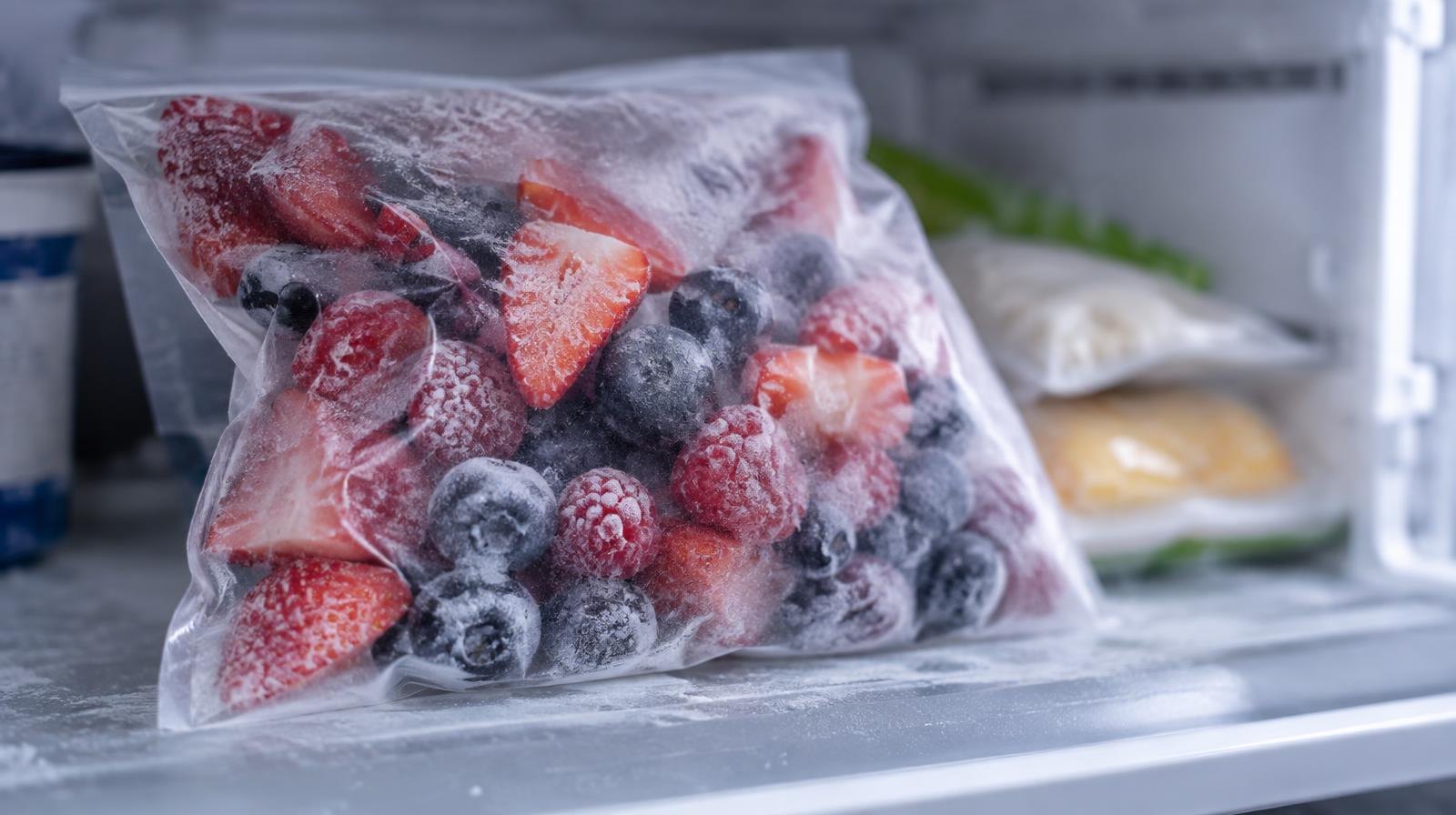 Sealed bag of frozen mixed berries resting on a frosted freezer shelf.