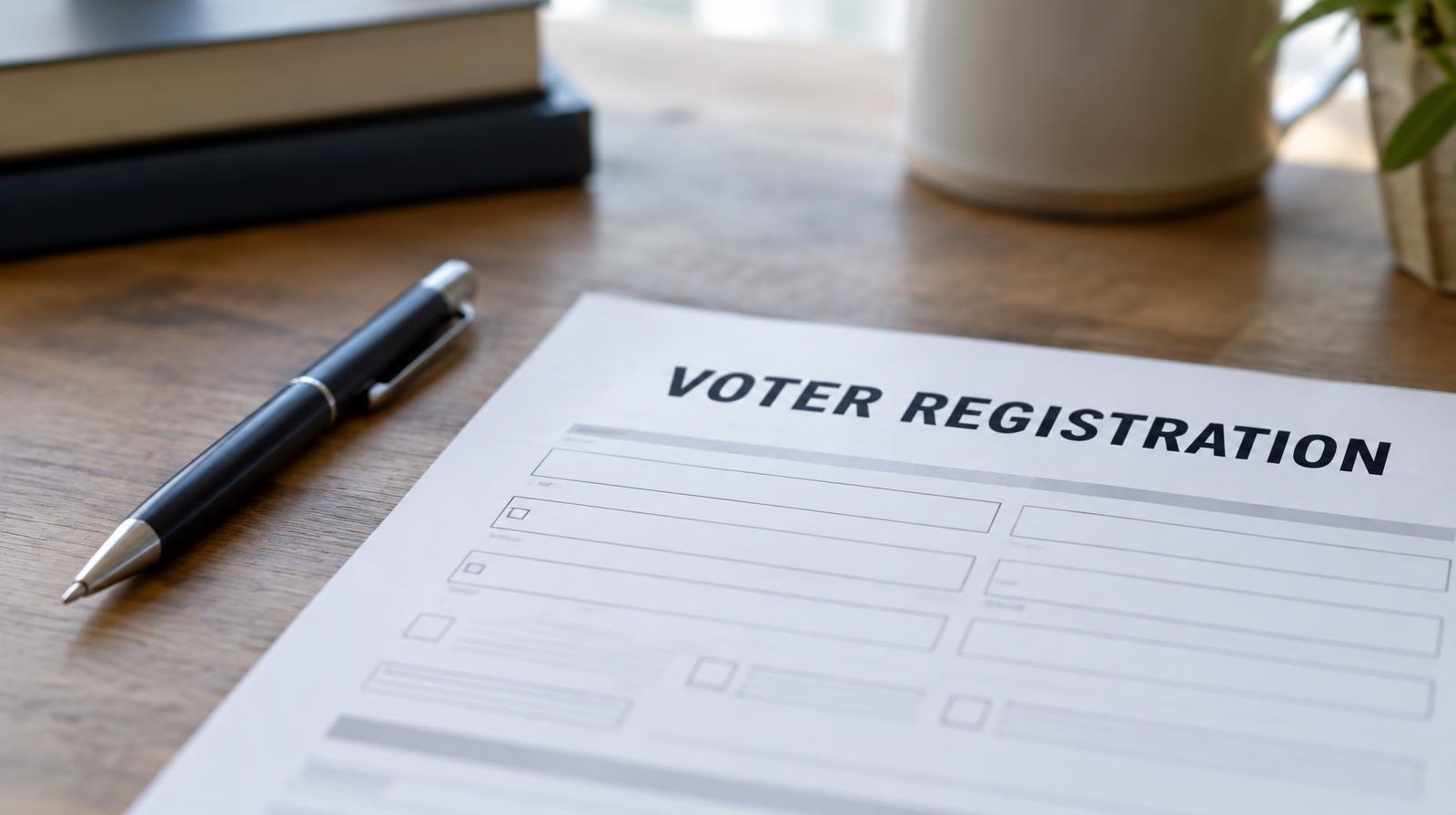 A blank voter registration form on a flat surface beside a pen.