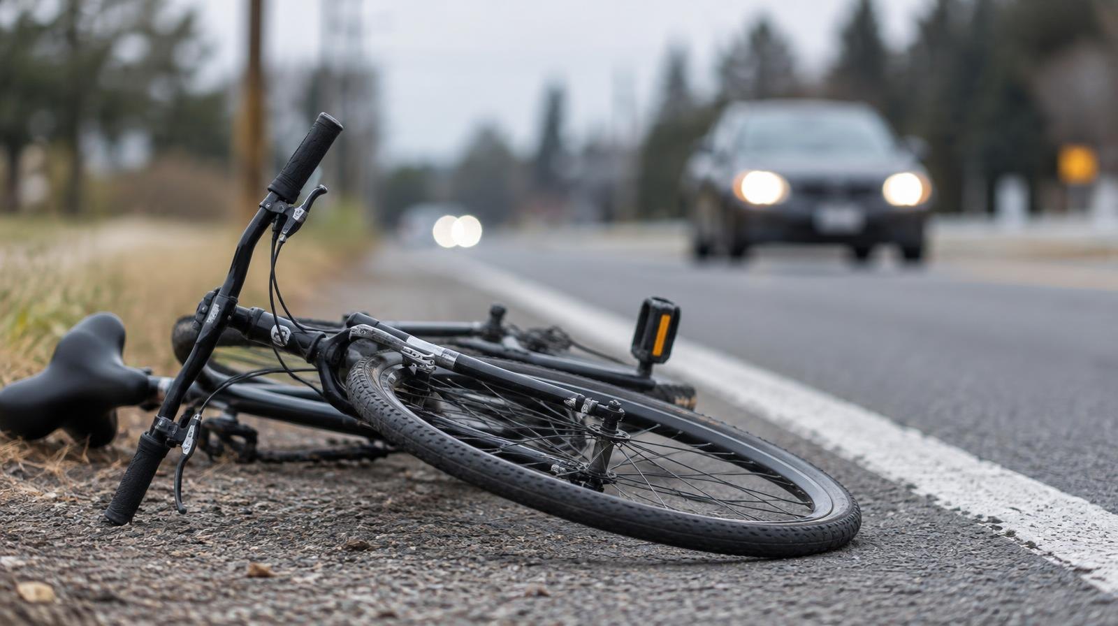 A bicycle lying on its side on a road shoulder near a white edge line.