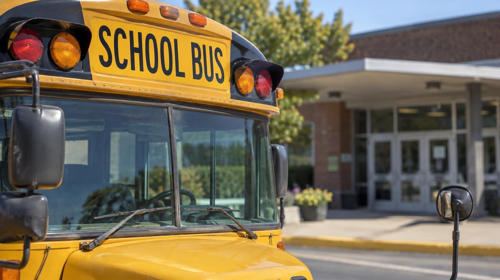 Yellow school bus parked in front of a school building entrance.