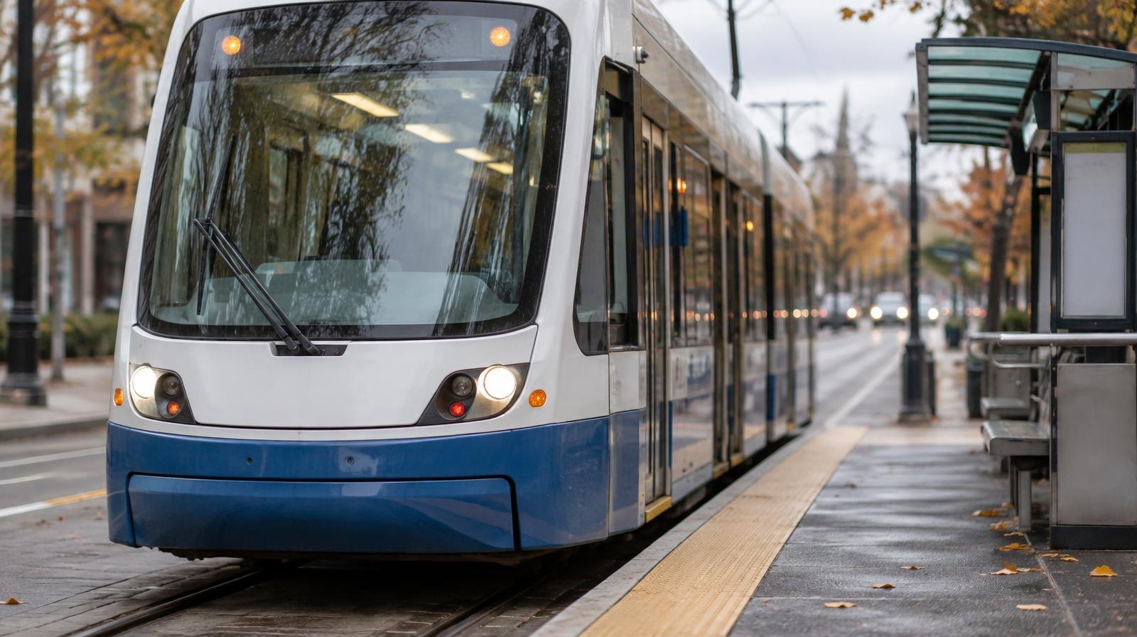 Light-rail trolley car stopped at a low platform on tree-lined street tracks.