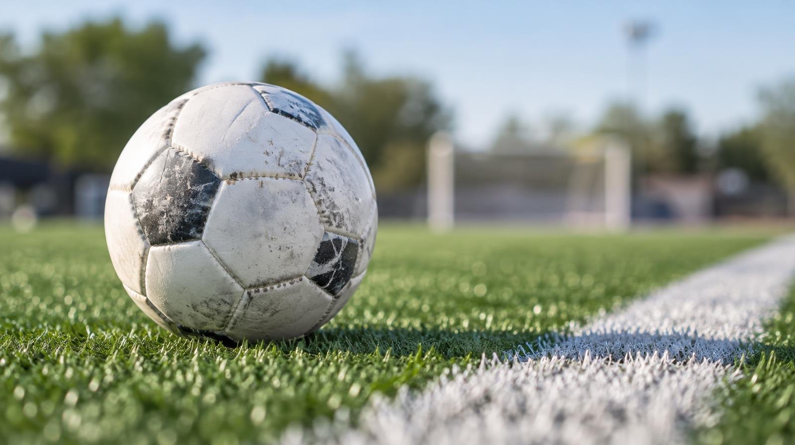 A white soccer ball resting on bright green artificial turf beside a white sideline.