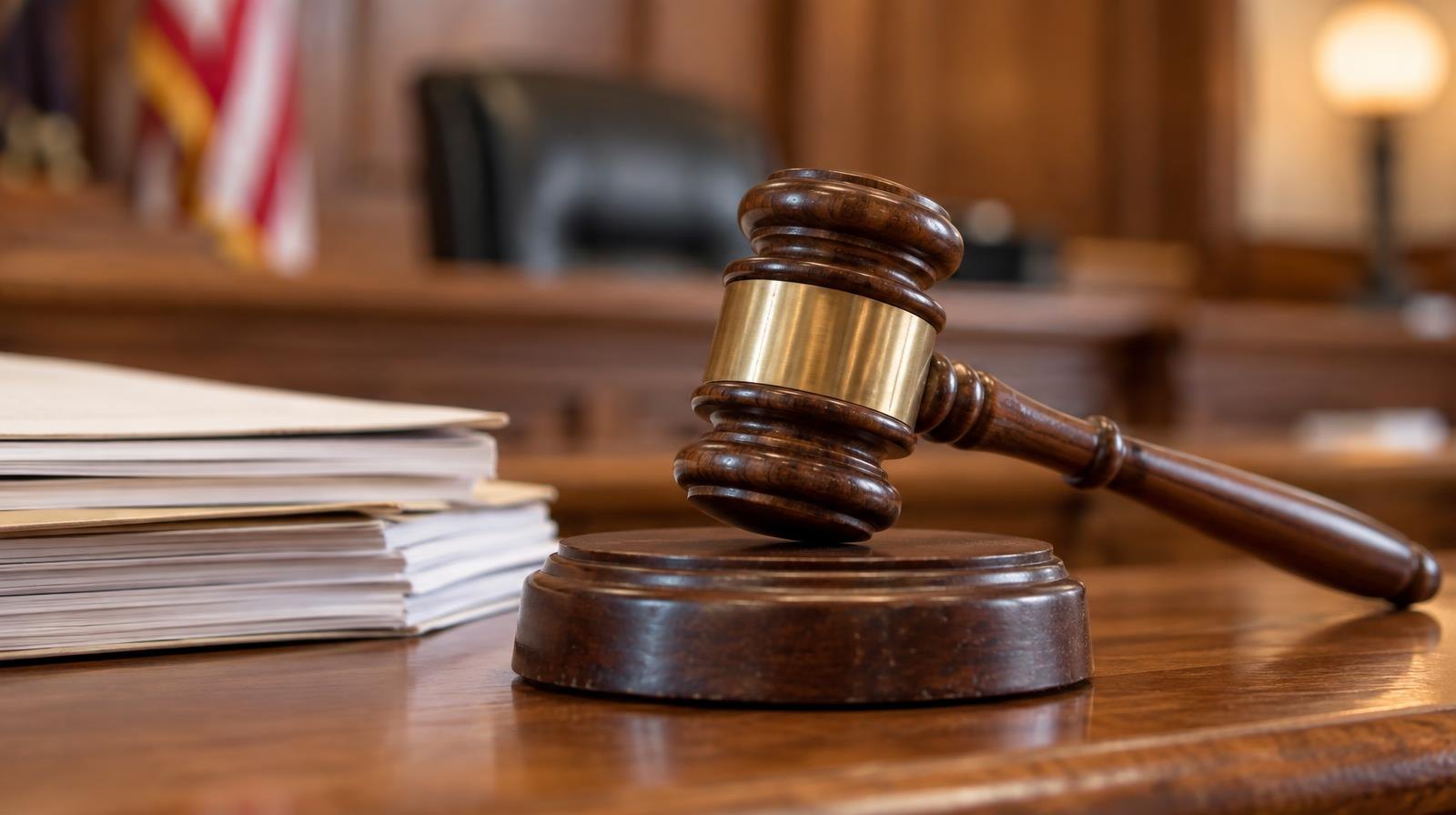A wooden gavel resting on its sound block on a polished wooden surface.