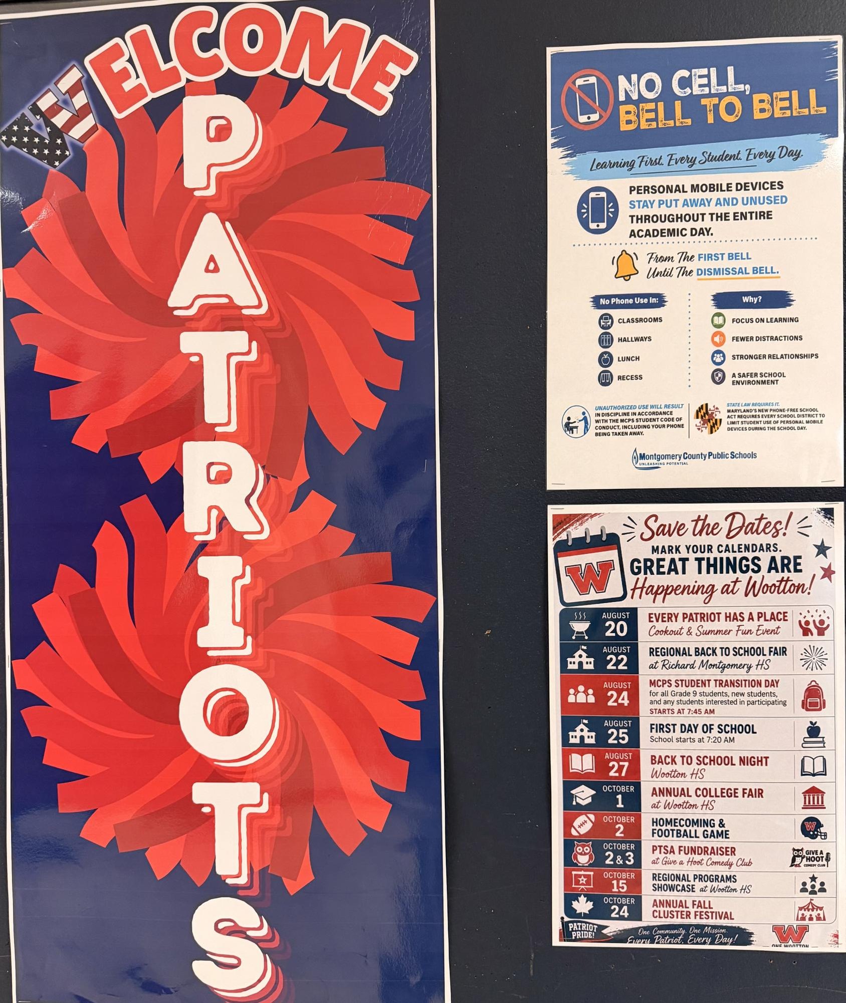 A Welcome Patriots banner and school events flyer posted on a hallway wall.