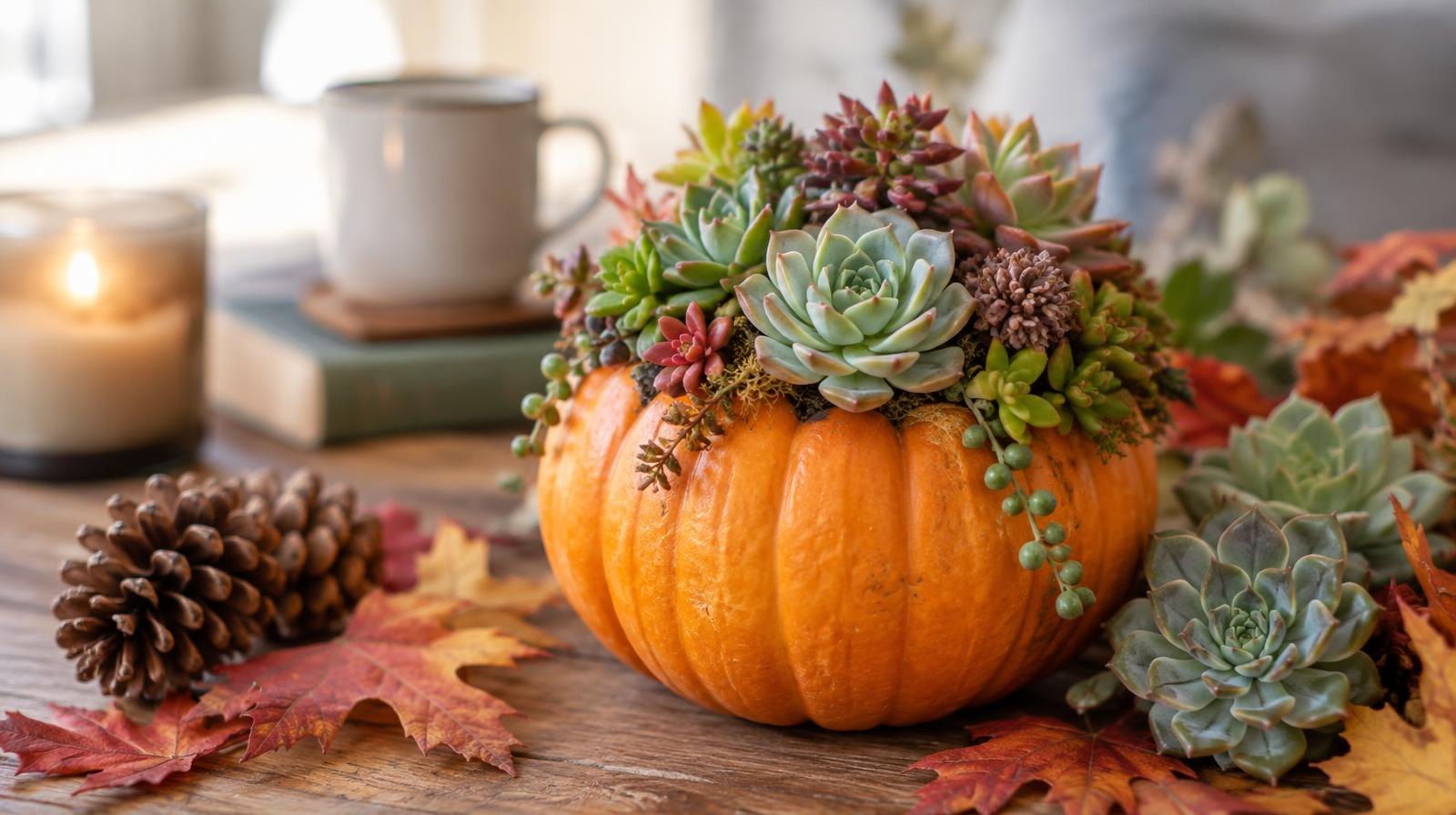 Small orange pumpkin topped with colorful succulent rosettes on a wooden surface.