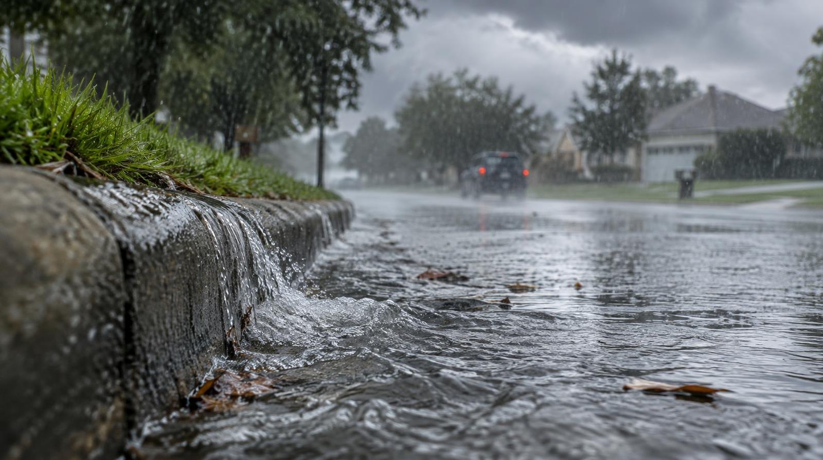 A wet suburban street with water flowing along the curb under overcast skies.