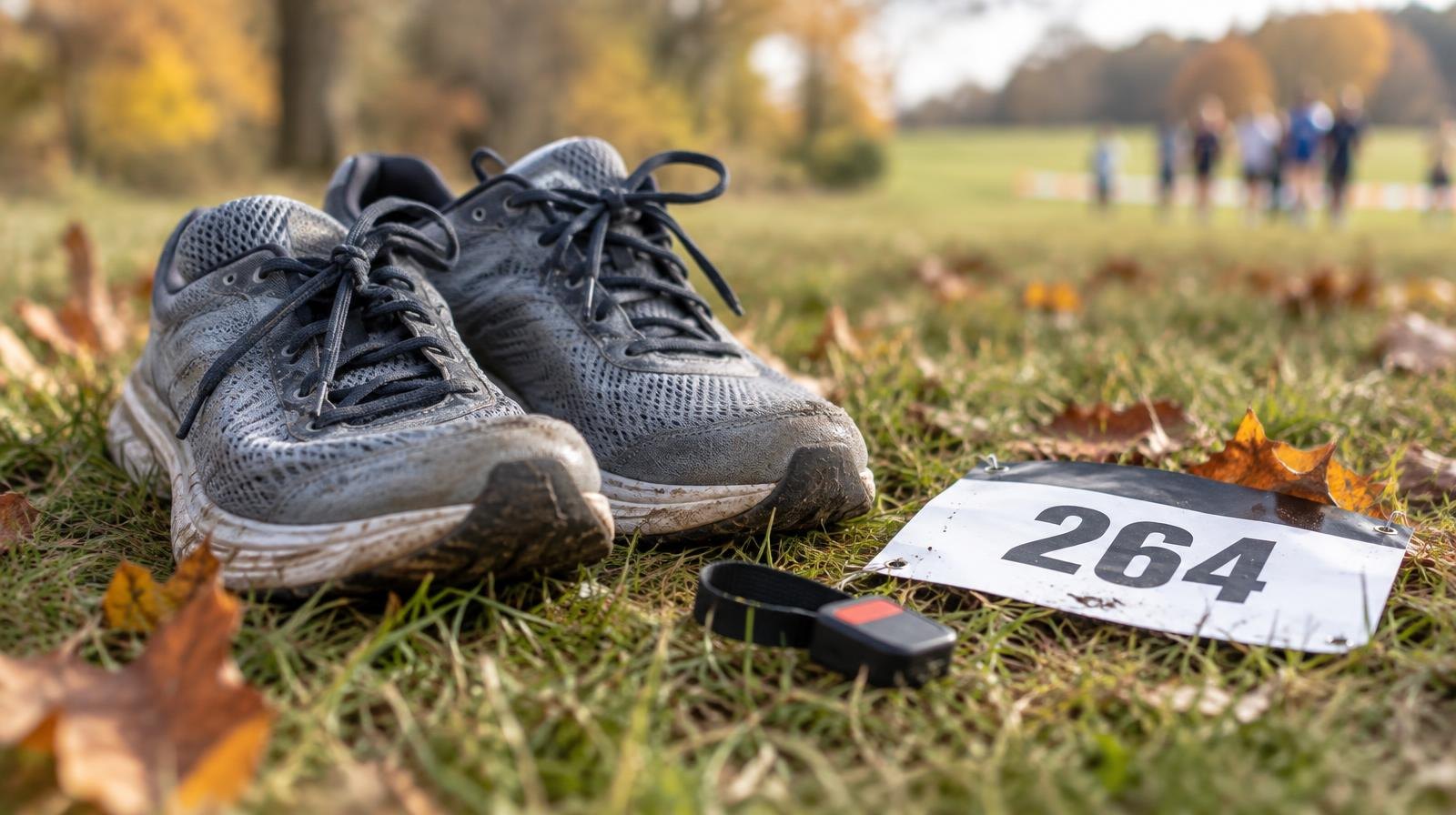 A pair of running shoes on a grassy field beside a timing chip and race bib.