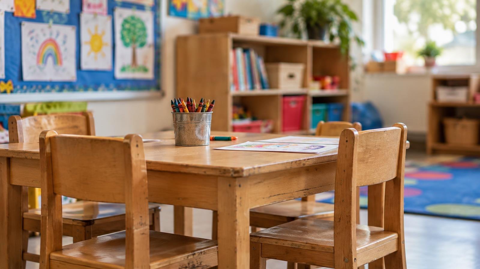 Small wooden chairs and a low table in a colorful preschool classroom with children's drawings on the wall.