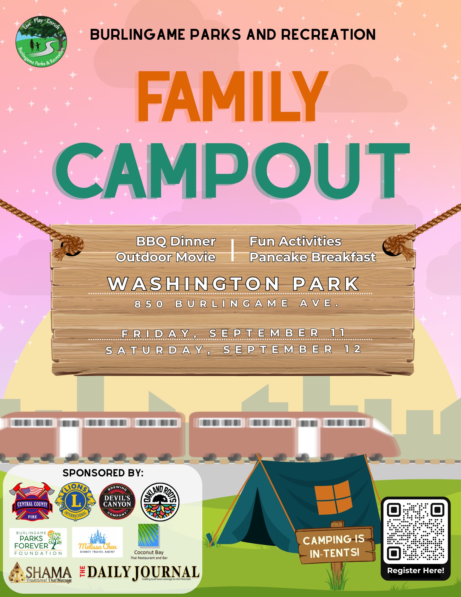 Event flyer for a family campout with cartoon tent imagery, event details, and sponsor logos.