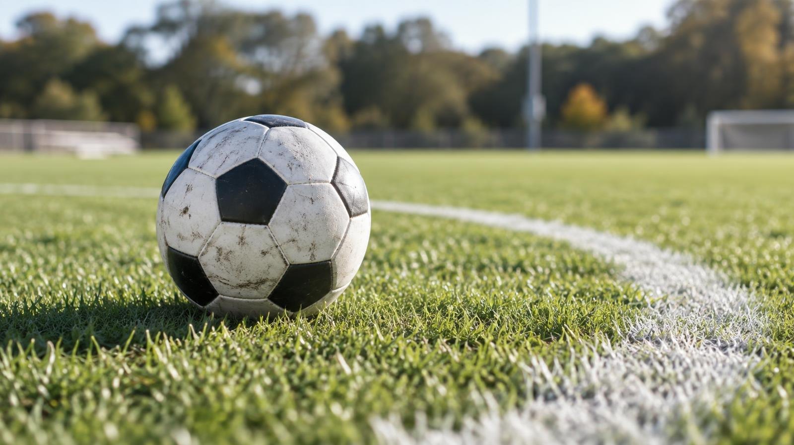 A black-and-white soccer ball on a green grass field in sunlight.