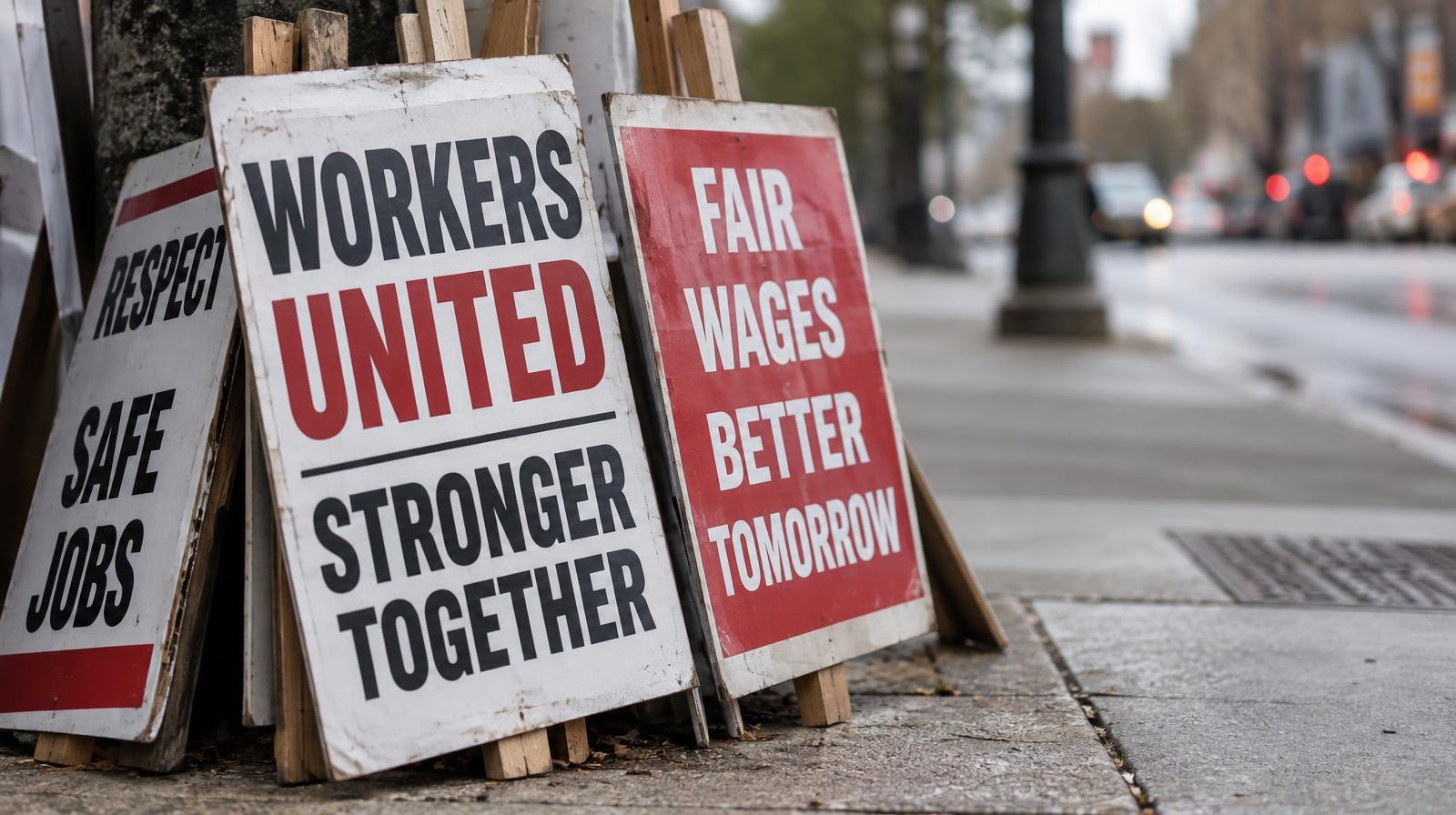 A cluster of union picket signs leaning against each other on a sidewalk.