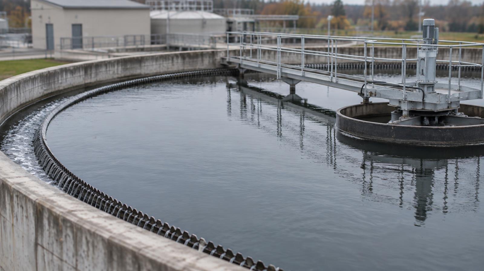 Circular wastewater clarifier tank with a rotating mechanical skimmer arm.