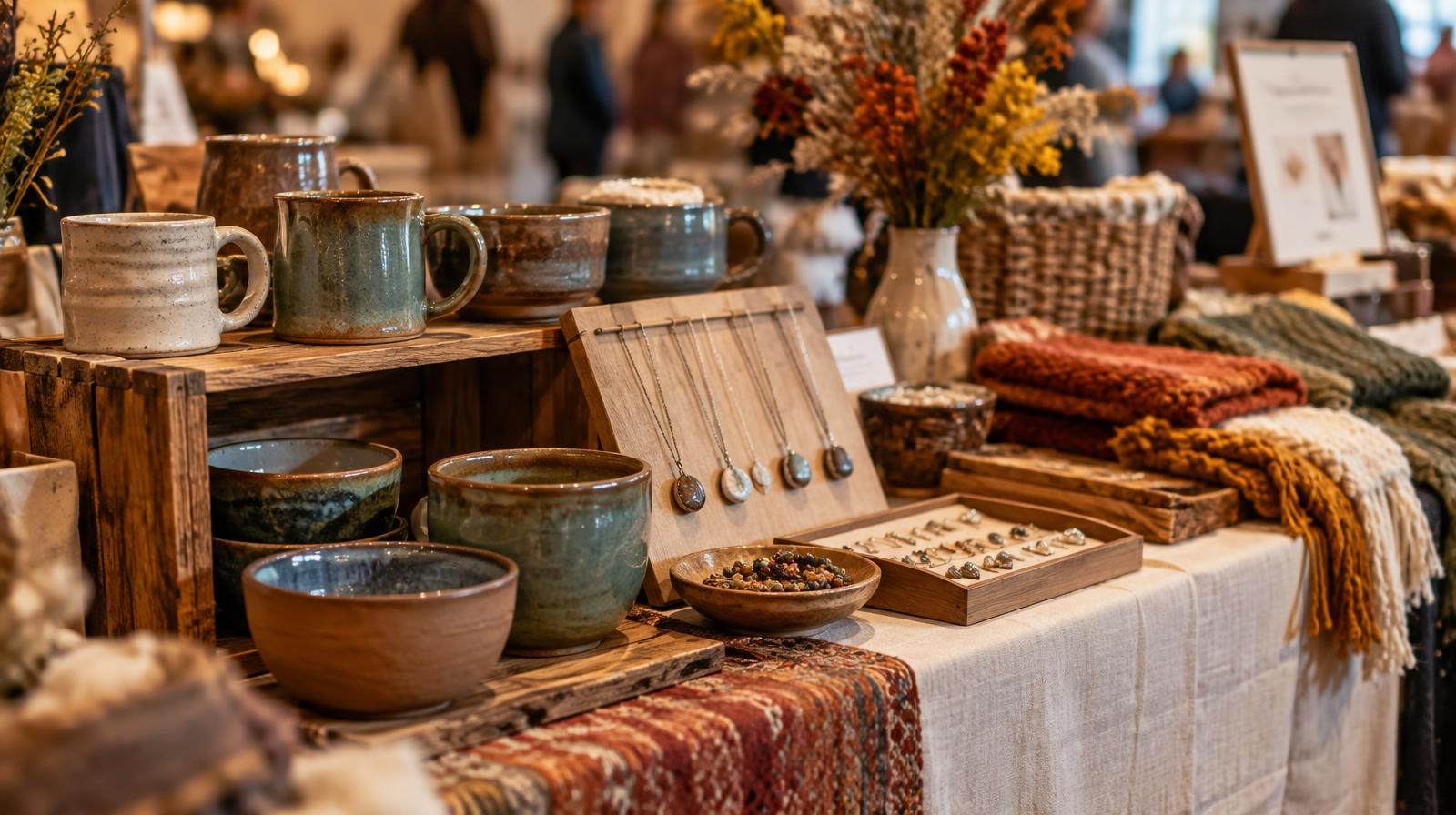A table covered with handmade pottery, jewelry, and woven fiber goods at an indoor craft fair.
